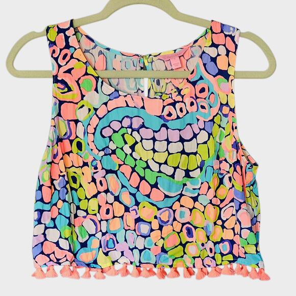 Women's Lilly Pulitzer Brinley Neon Crop Tank Top Gypsy Jungle Tassels 8 - Picture 3 of 13